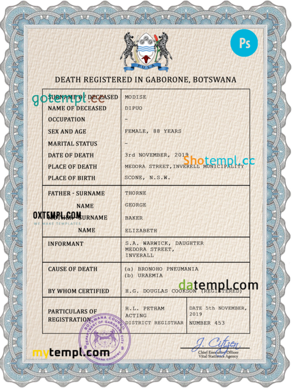 Botswana vital record death certificate PSD template