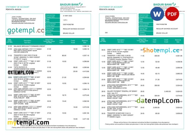 Brunei Baiduri bank statement, Word and PDF template, 3 pages