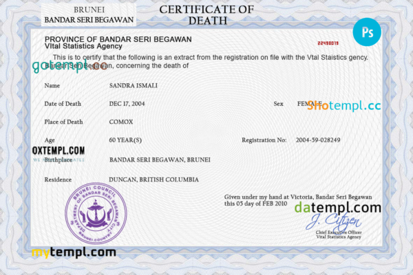 Brunei vital record death certificate PSD template, fully editable