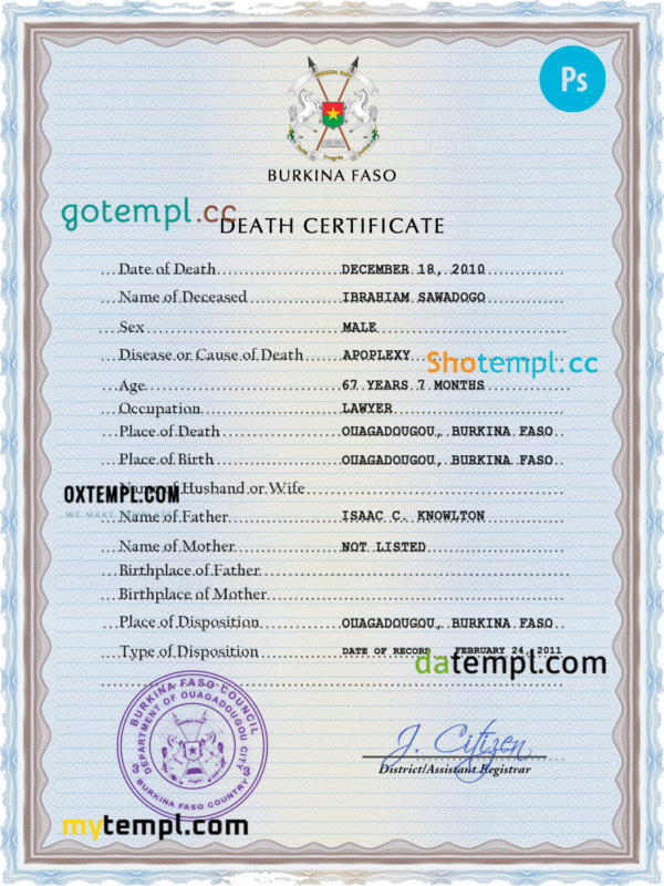 Burkina Faso vital record death certificate PSD template, completely editable