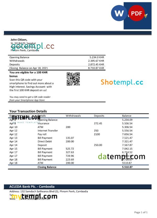 Cambodia Acleda bank statement Word and PDF template