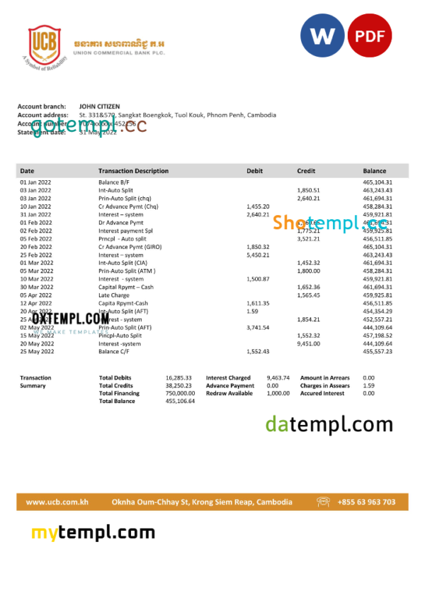 Cambodia Union Commercial bank statement Word and PDF template