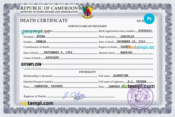 Cameroon death certificate PSD template, completely editable