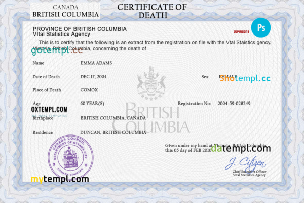 Canada vital record death certificate PSD template, fully editable