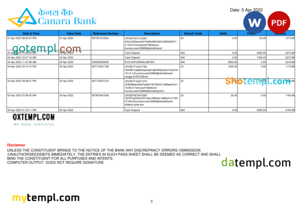 India Canara bank statement Word and PDF template, 5 pages