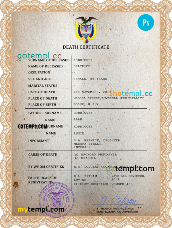 Colombia vital record death certificate PSD template, fully editable