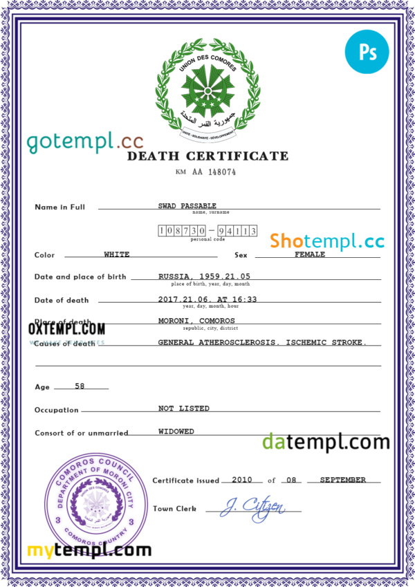 Comoros death certificate PSD template, completely editable