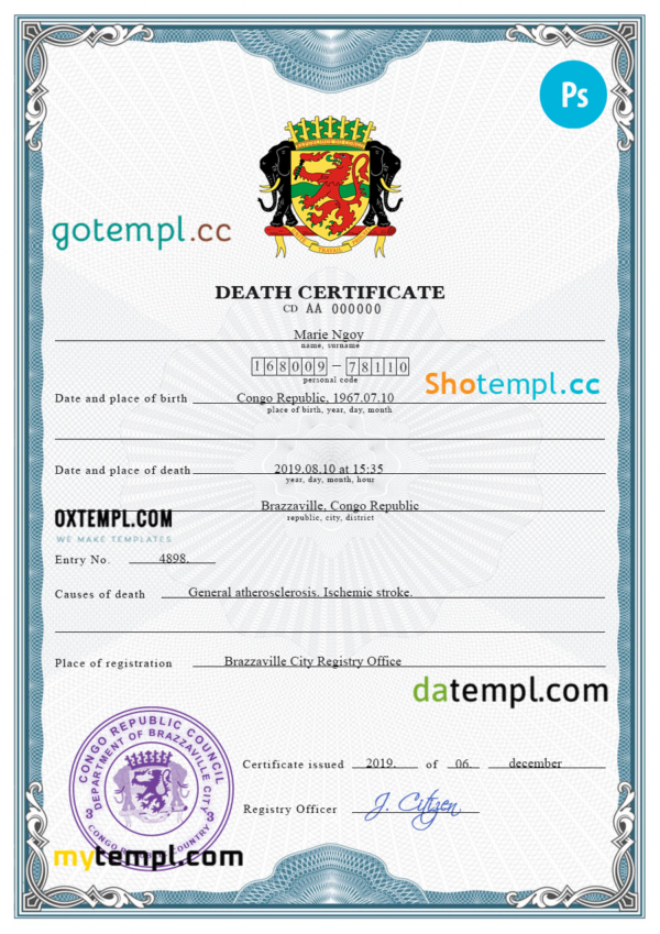 Congo vital record death certificate PSD template