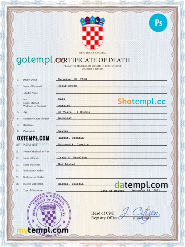 Croatia death certificate PSD template, completely editable