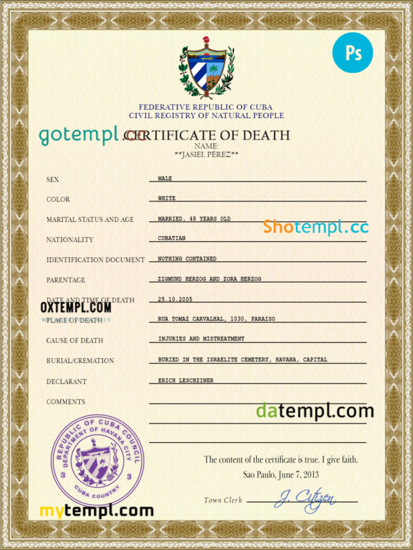 Cuba vital record death certificate PSD template, completely editable