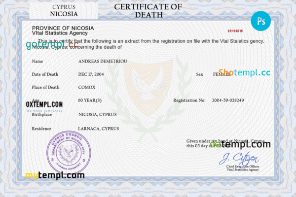 Cyprus vital record death certificate PSD template