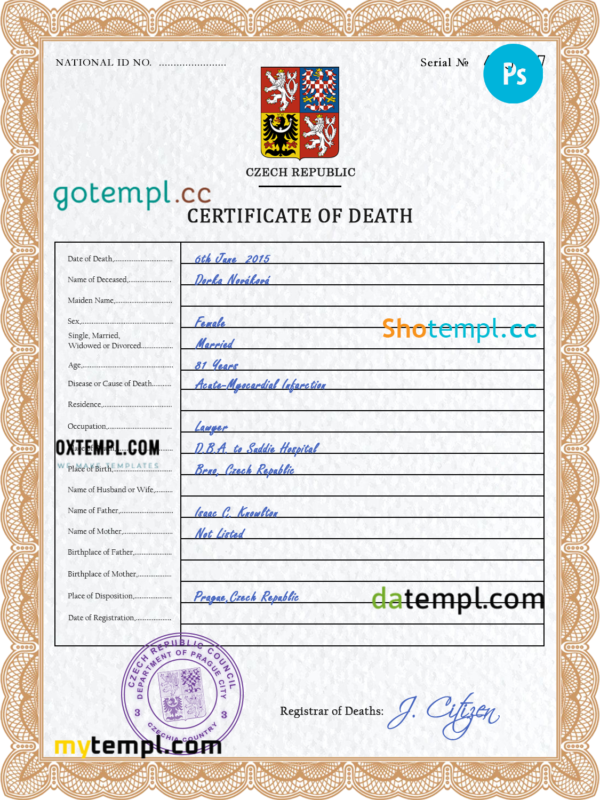 Czechia death certificate PSD template, completely editable