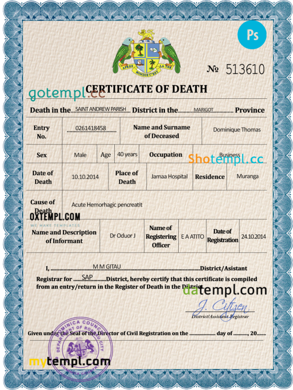 Dominica vital record death certificate PSD template, completely editable