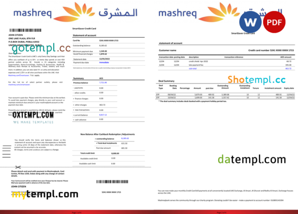 UAE Mashreq bank statement template in Word and PDF format, 4 pages