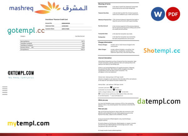 UAE Mashreq bank statement template in Word and PDF format, 4 pages
