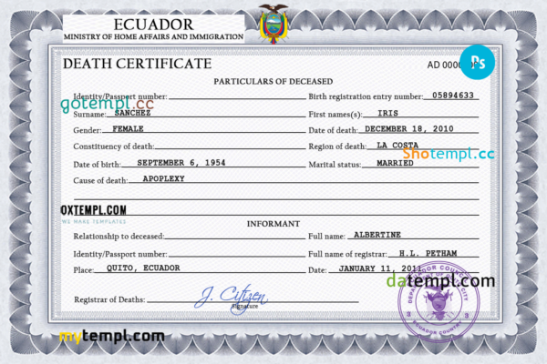 Ecuador vital record death certificate PSD template, completely editable