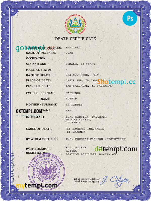 El Salvador vital record death certificate PSD template