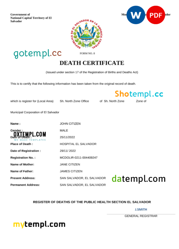 El Salvador vital record death certificate Word and PDF template
