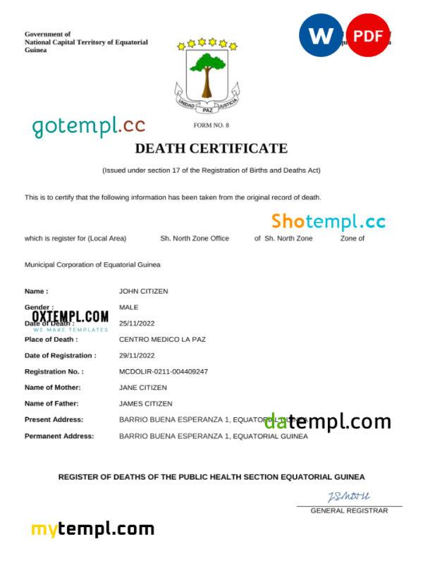 Equatorial Guinea death certificate Word and PDF template, completely editable