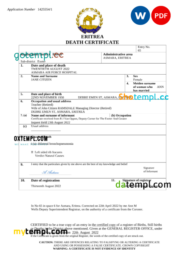Eritrea vital record death certificate Word and PDF template