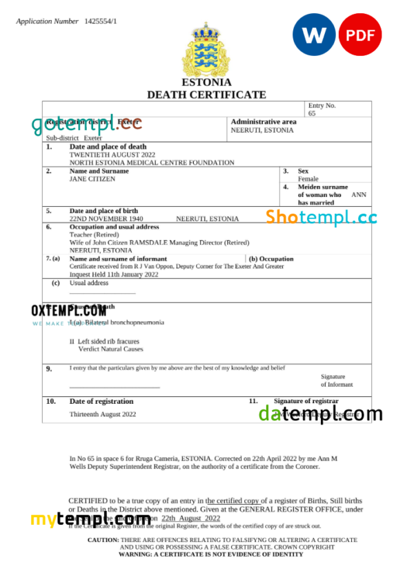 Estonia death certificate Word and PDF template, completely editable