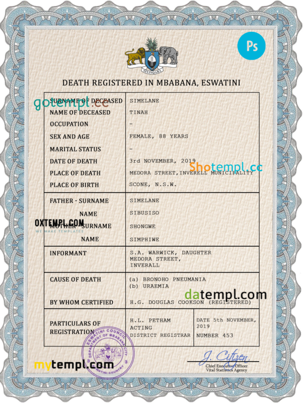 Eswatini vital record death certificate PSD template, completely editable