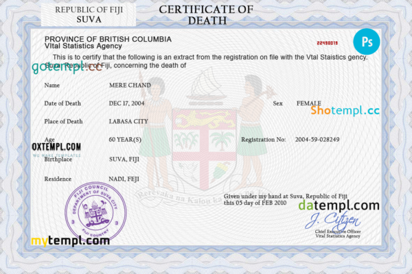 Fiji death certificate PSD template, completely editable