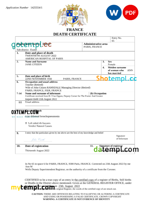 France vital record death certificate Word and PDF template