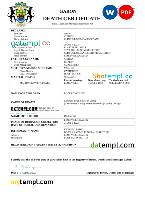 Gabon death certificate Word and PDF template, completely editable