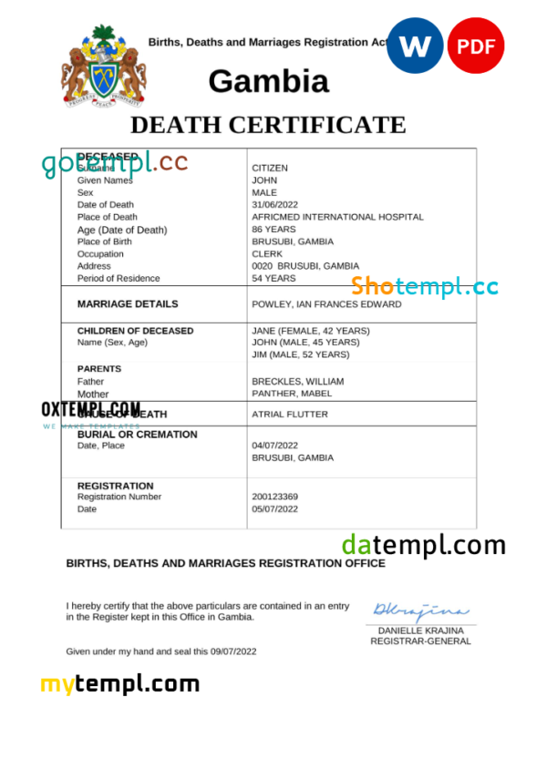 Gambia vital record death certificate Word and PDF template