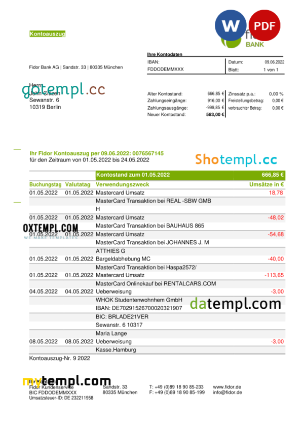 Germany Fidor bank statement, Word and PDF template