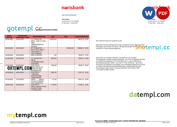 Germany Norisbank bank statement, Word and PDF template, 2 pages