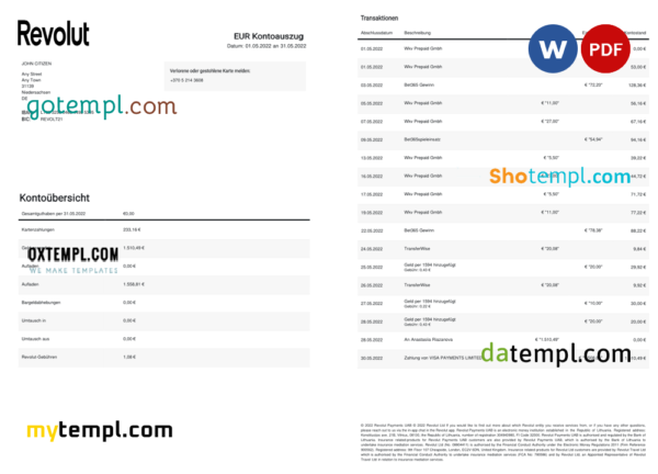 Germany Revolut EUR bank statement template in Word and PDF format, 2 pages
