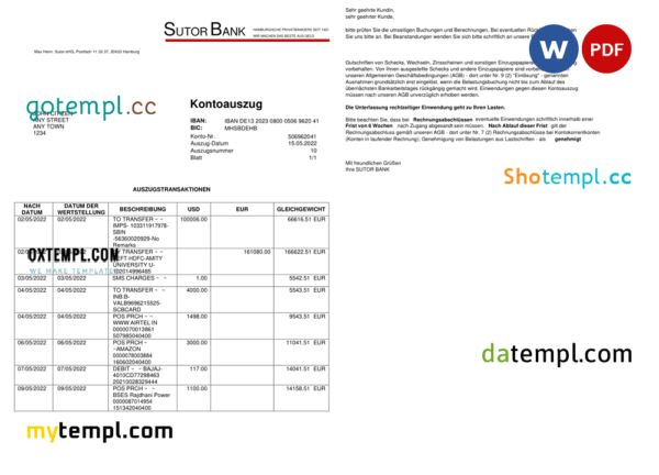 Germany Sutor bank statement, Word and PDF template, 2 pages