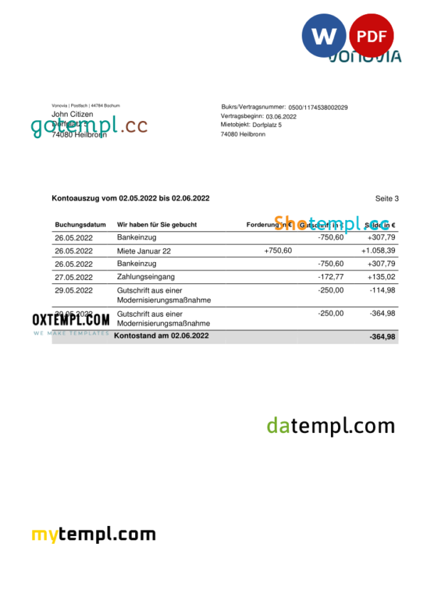 Germany Vonovia bank statement, Word and PDF template, 3 pages