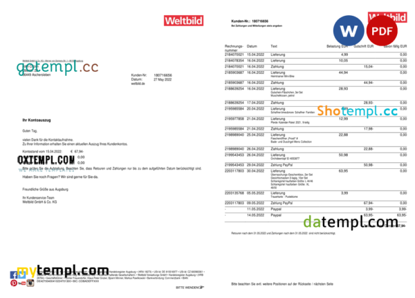 Germany Weltbild bank statement, Word and PDF template, 2 pages