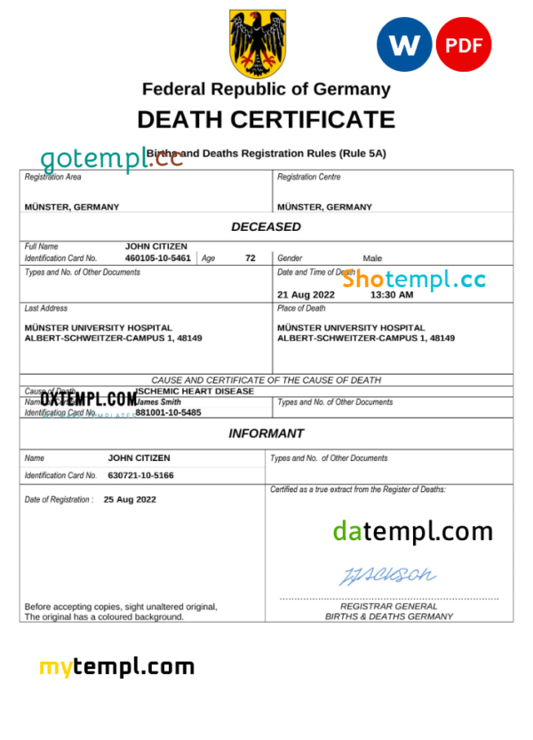 Germany death certificate Word and PDF template, completely editable