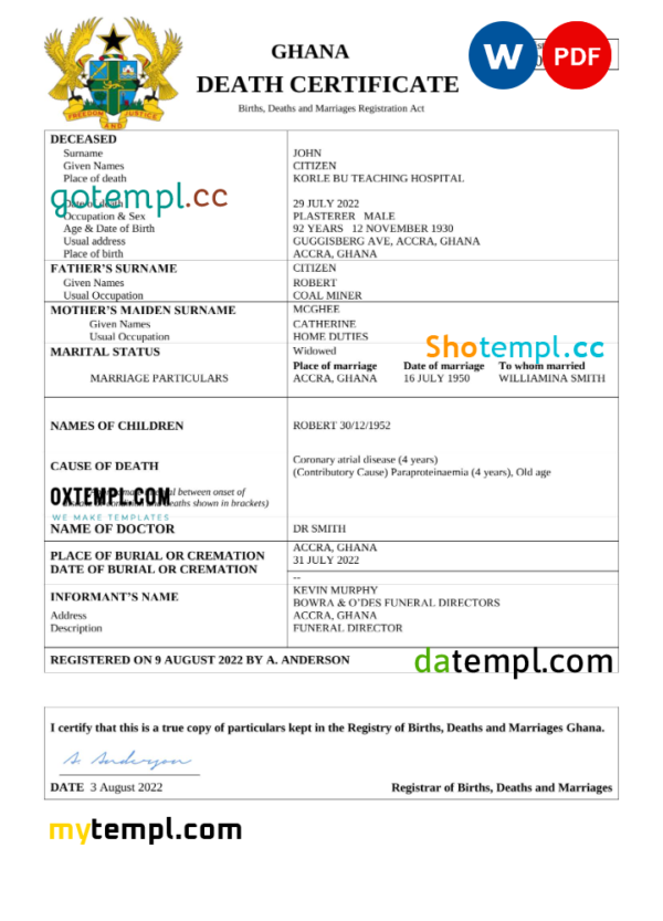 Ghana vital record death certificate Word and PDF template