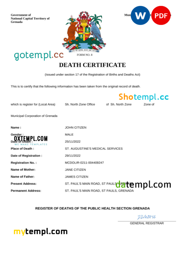 Grenada vital record death certificate Word and PDF template