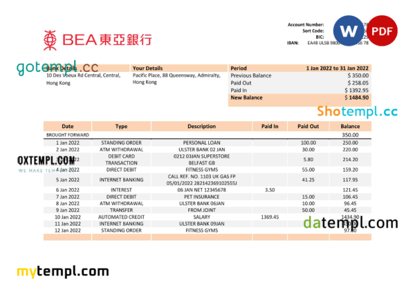Hong Kong BEA bank statement Word and PDF template