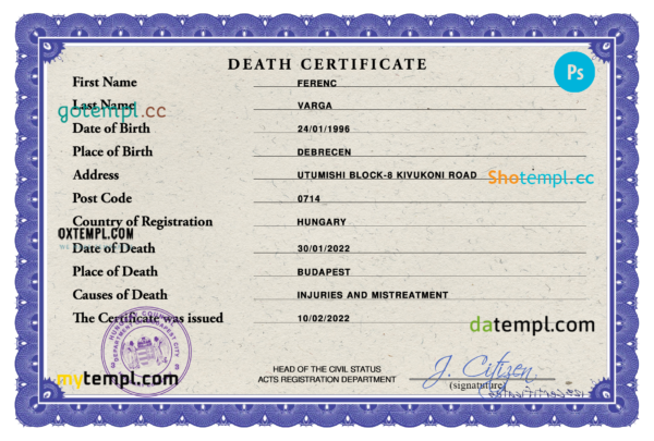 Hungary vital record death certificate PSD template