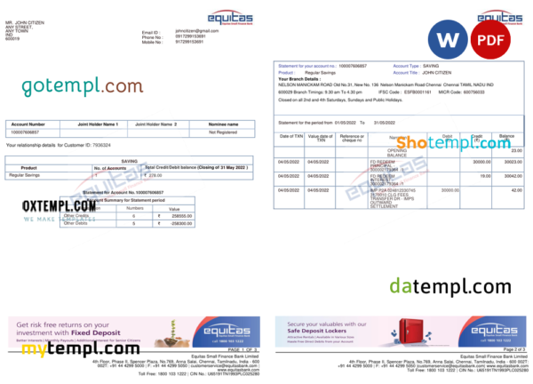 India Equitas bank statement Word and PDF template, 3 pages