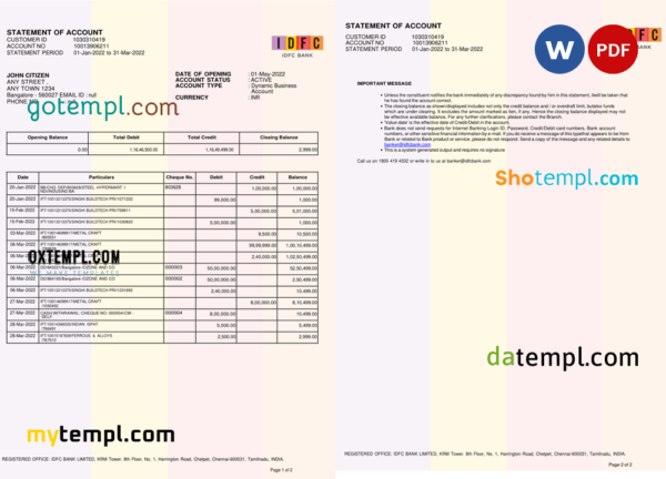 India IDFC bank statement Word and PDF template, 2 pages, version 2