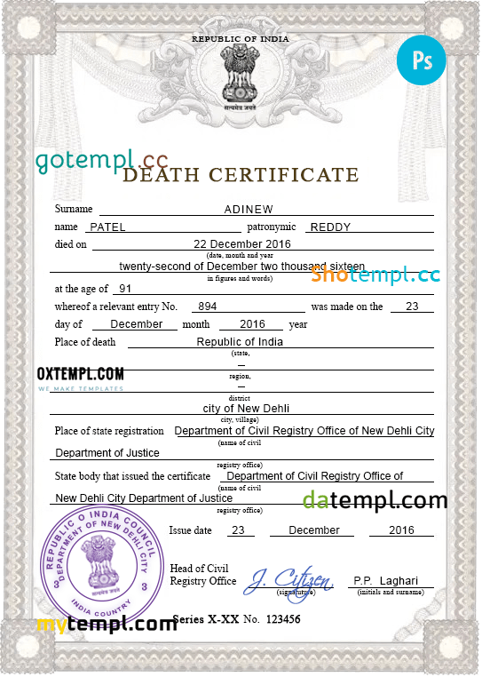 India death certificate PSD template, completely editable