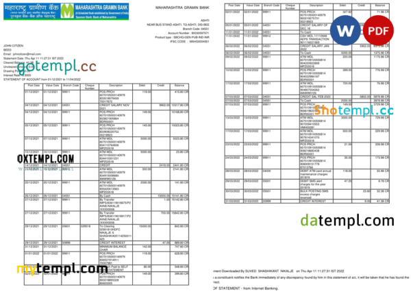 India Maharashtra bank statement, Word and PDF template, 2 pages
