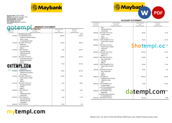 Malaysia Maybank bank statement Word and PDF template, 2 pages