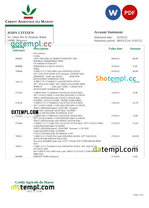 Morocco Credit Agricole bank statement Word and PDF template