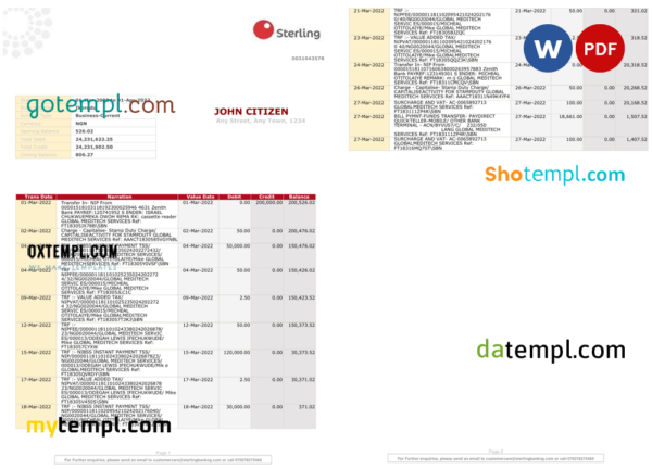 Nigeria Sterling bank statement Word and PDF template, 2 pages