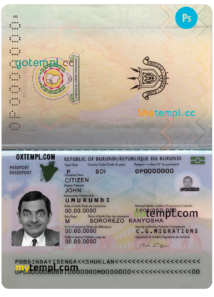 Burundi passport PSD template, completely editable (2019 – present)