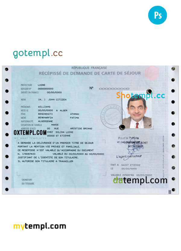 French residence permit (carte de séjour) PSD template, fully editable